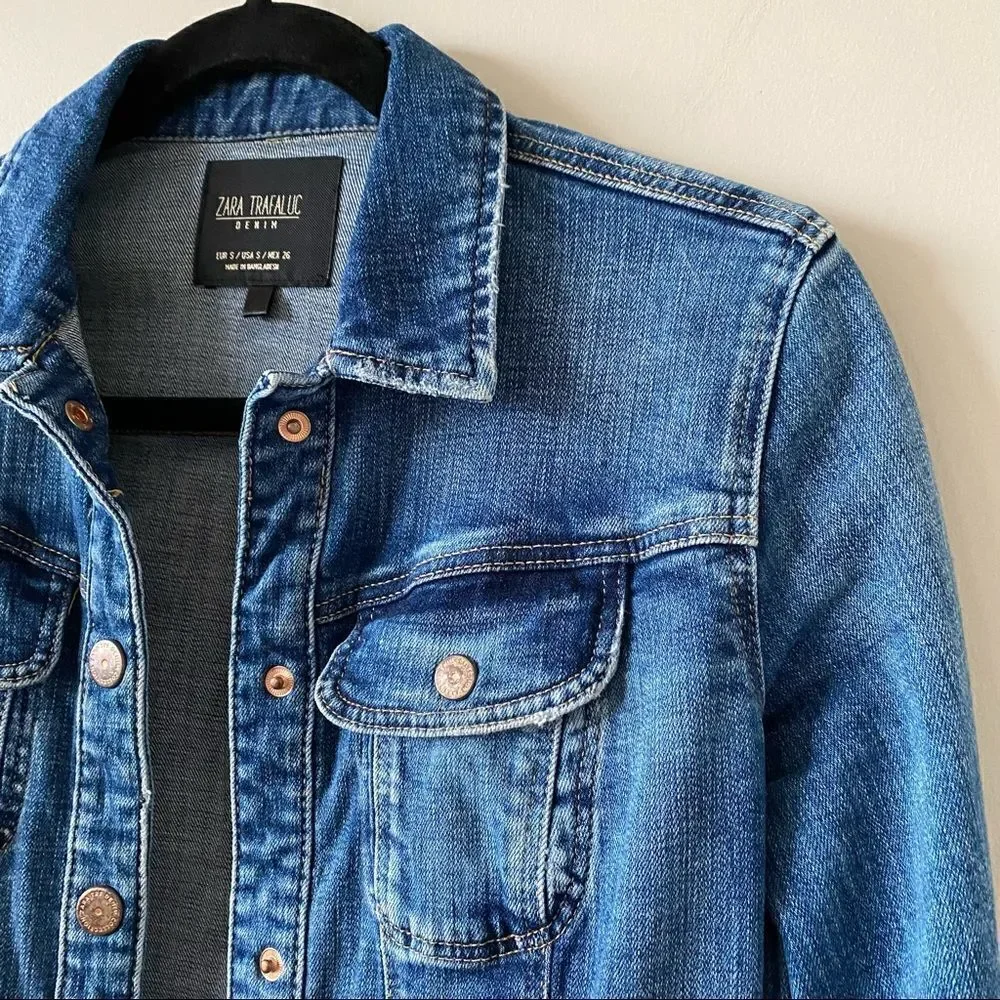 ZARA-FITTED Denim Mid Wash Distressed Jacket - Picture 4 of 13